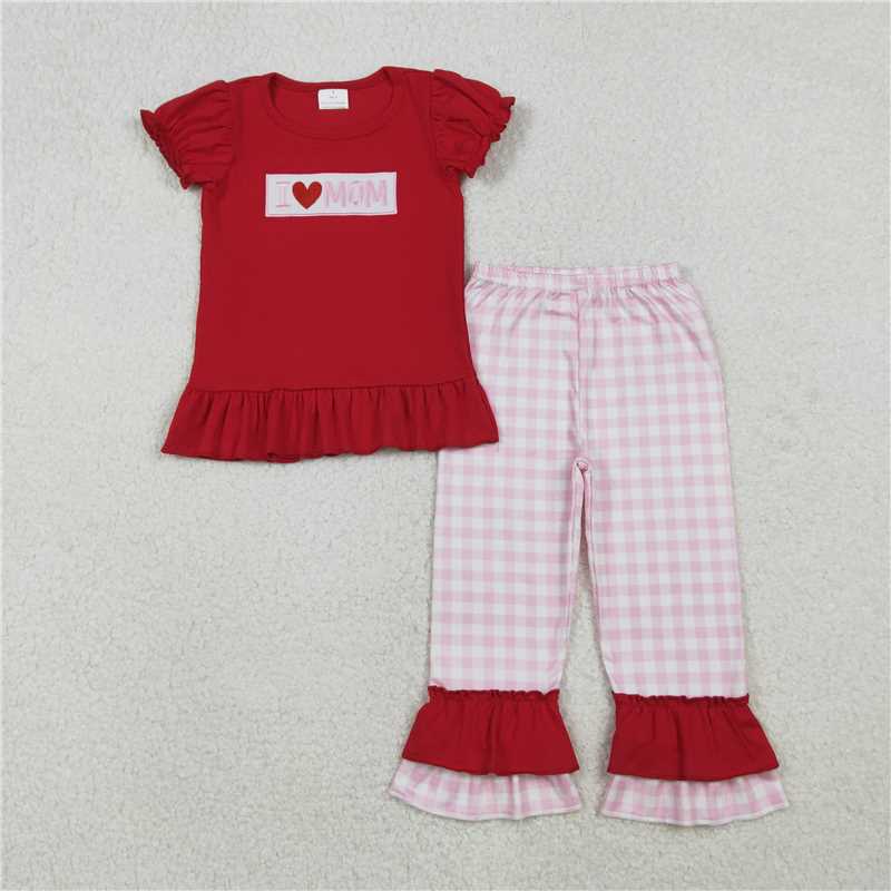 11.5 RTS NO MOQ （In stock）Matching GSPO2071 Embroidery I Love Mom Baby Girls Shirts Checked Ruffle Pants Clothes Sets