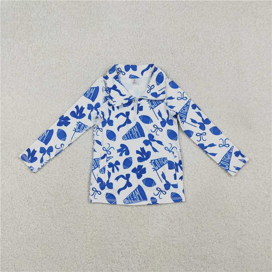 11.20 RTS NO MOQ （In stock）Matching GT1195 Baby Girls Blue Bows Footballs Go Team Yoga Active Zipper Pullovers Top