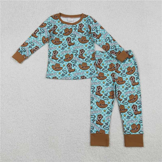 12.5 RTS NO MOQ （In stock）Matching BLP1207 Baby Boys Checked Howdy Hats Top Pants Western Pajamas Set