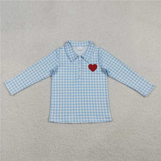 12.16 RTS NO MOQ （In stock）BT1386 Embroidery Hearts Baby Boys Blue Checked Valentine Polo Shirts Top