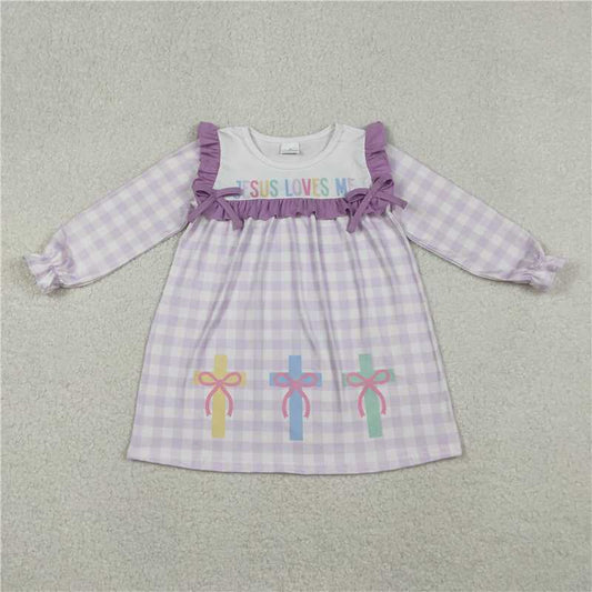 11.13 RTS NO MOQ （In stock）Matching GLD1356 Baby Girls Lavender Checked Jesus Love Me Cross Knee Length Dresses