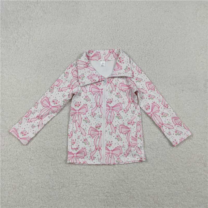 10.29 RTS NO MOQ （In stock）Matching GT1082 Baby Girls Pink Floral Bows Plaid Zipper Pockets Yoga Active Jackets Top