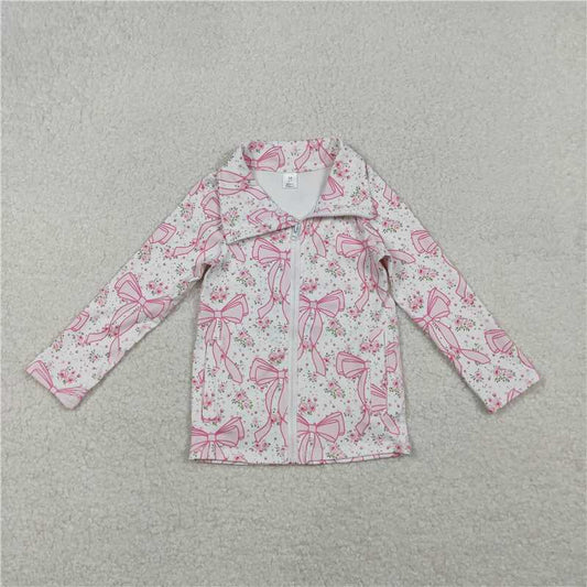 10.29 RTS NO MOQ （In stock）Matching GT1082 Baby Girls Pink Floral Bows Plaid Zipper Pockets Yoga Active Jackets Top