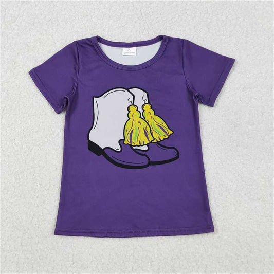 12.18 RTS NO MOQ （In stock）GT1254 Baby Girls Purple Short Sleeve Boots Tassel Mardigras Tee Shirts Top
