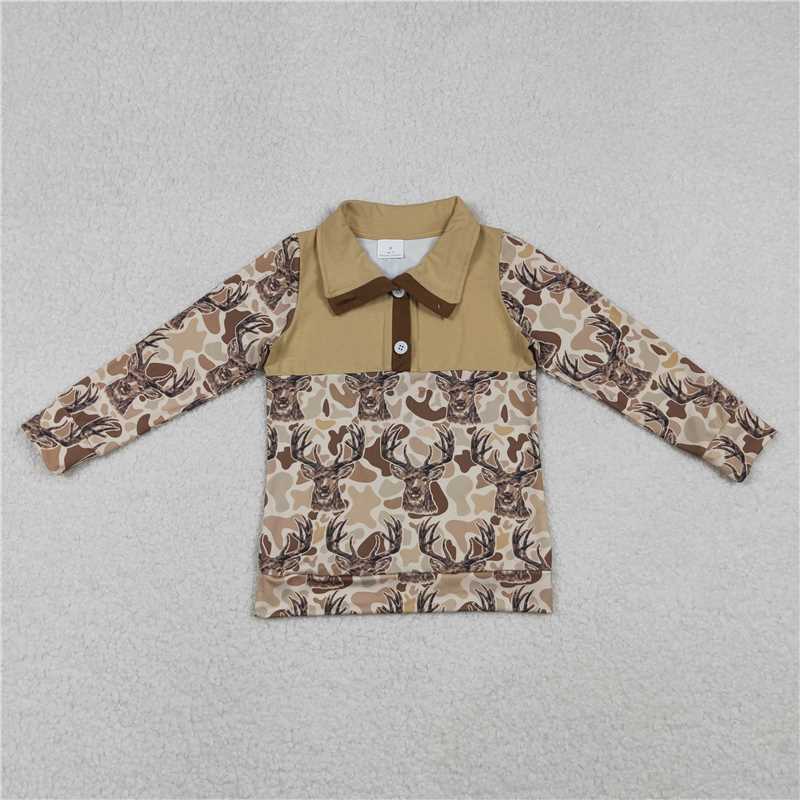 10.30 RTS NO MOQ （In stock）Matching BT1338 Baby Boys Khaki Camo Deer Button Hunting Pullovers Top