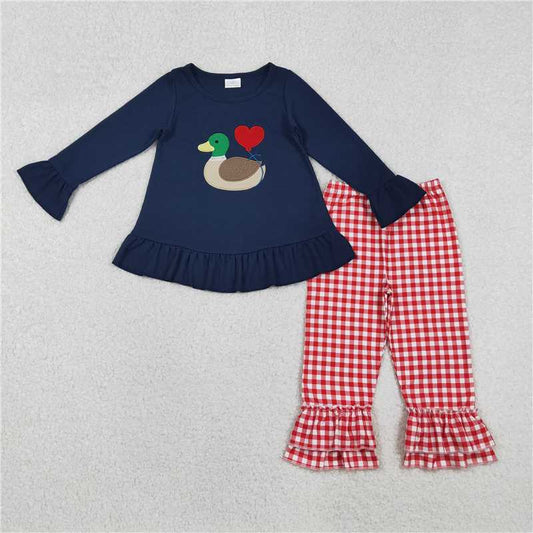 11.28 RTS NO MOQ （In stock）Matching Valentine GLP2912 Embroidery Heart Ducks Baby Girls Navy Tunic Red Checked Pants Valentine Clothes Sets