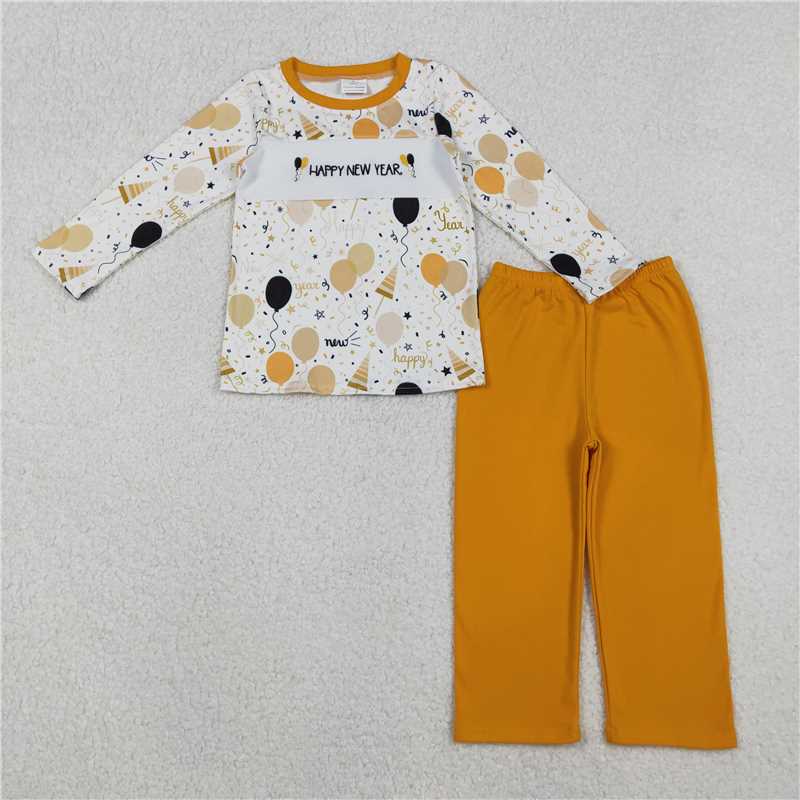 10.31 RTS NO MOQ （In stock）Matching Happy New Year	 BLP1299 Embroidery Happy New Year Baby Boys Balloons Top Pants Clothes Sets