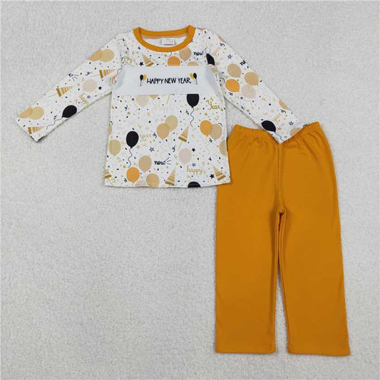 10.31 RTS NO MOQ （In stock）Matching Happy New Year	 BLP1299 Embroidery Happy New Year Baby Boys Balloons Top Pants Clothes Sets
