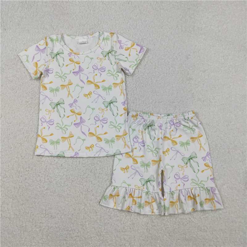 12.19 RTS NO MOQ （In stock）GSSO2717 Baby Girls Mardigras Bows Plaid Top Ruffle Shorts Pajamas Sets