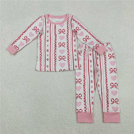12.5 RTS NO MOQ （In stock）Matching Valentines GLP2984 Baby Girls Pink Bows Hearts Stripe Top Pant Valentine Pajamas Sets