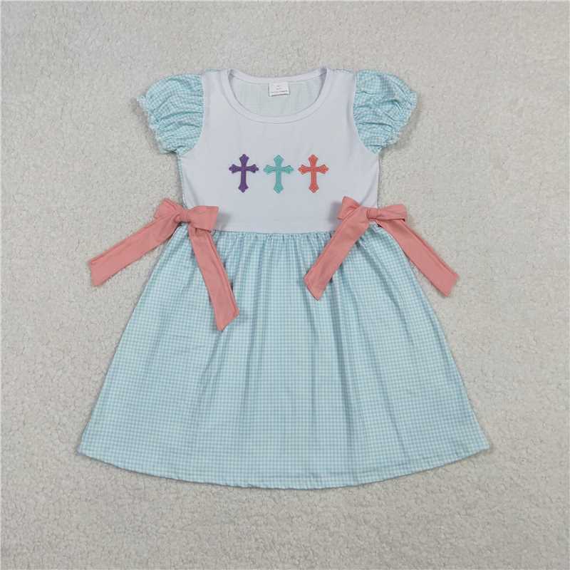12.23 RTS NO MOQ （In stock）GSD2807 Embroidery Crosses Baby Girls Bows Easter Knee Length Dresses