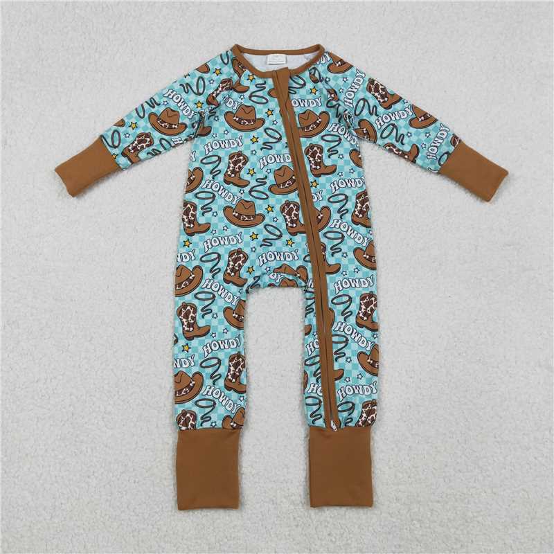 12.5 RTS NO MOQ （In stock）Matching LR2517 Baby Boys Howdy Hats Boots Western Checked Zipper Footie Rompers