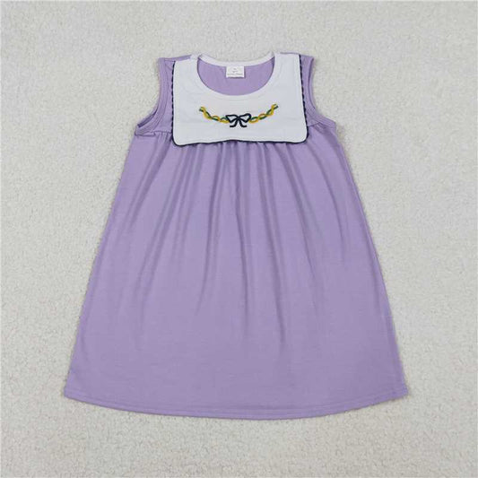 11.8 RTS NO MOQ （In stock）Matching Mardigras GSD2832 Embroidery Bows Baby Girls Sleeveless Mardigras Knee Length Dresses
