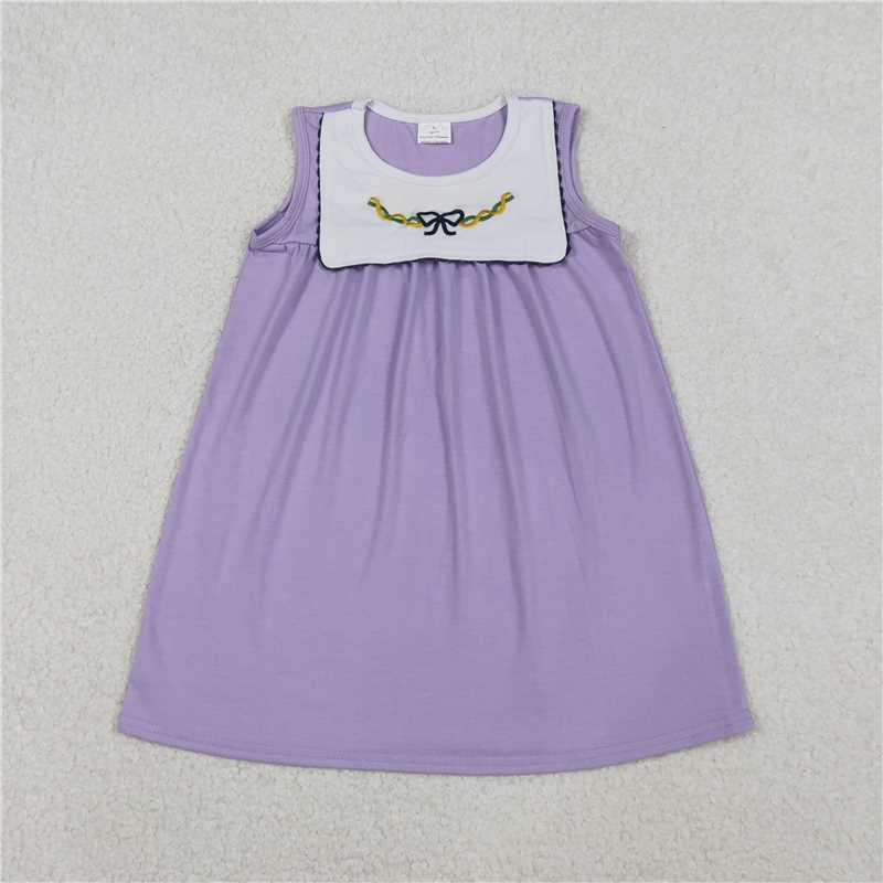 11.21 RTS NO MOQ （In stock）Matching Mardigras GSD2832 Embroidery Bows Baby Girls Sleeveless Mardigras Knee Length Dresses
