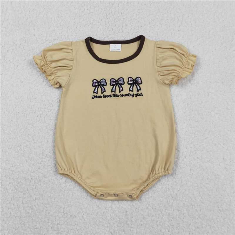 11.21 RTS NO MOQ （In stock）Matching SR3281 Embroidery Jesus Loves This Country Girls Camo Bows Ruffle Sleeve Rompers