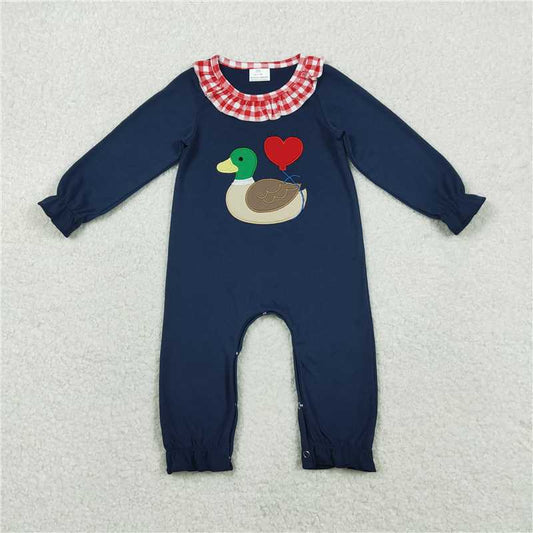 11.28 RTS NO MOQ （In stock）Matching Valentines LR2720 Embroidery Heart Ducks Baby Girls Valentines Collar Ruffle Footie Rompers