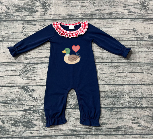 11.19 RTS NO MOQ （In stock）Matching Valentine LR2720 Embroidery Heart Ducks Baby Girls Ruffle Collar Footie Rompers