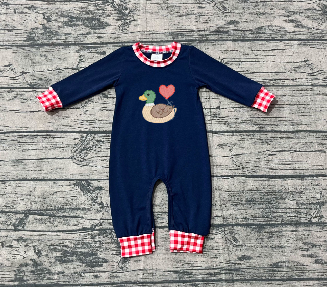 11.19 RTS NO MOQ （In stock）Matching Valentine LR2721 Embroidery Heart Ducks Baby Boys Navy Footie Rompers