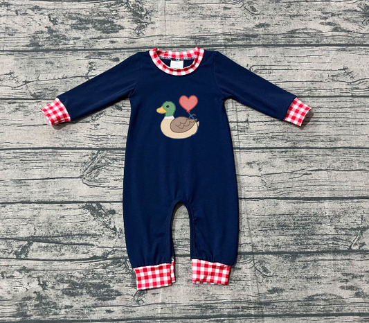 11.19 RTS NO MOQ （In stock）Matching Valentine LR2721 Embroidery Heart Ducks Baby Boys Navy Footie Rompers