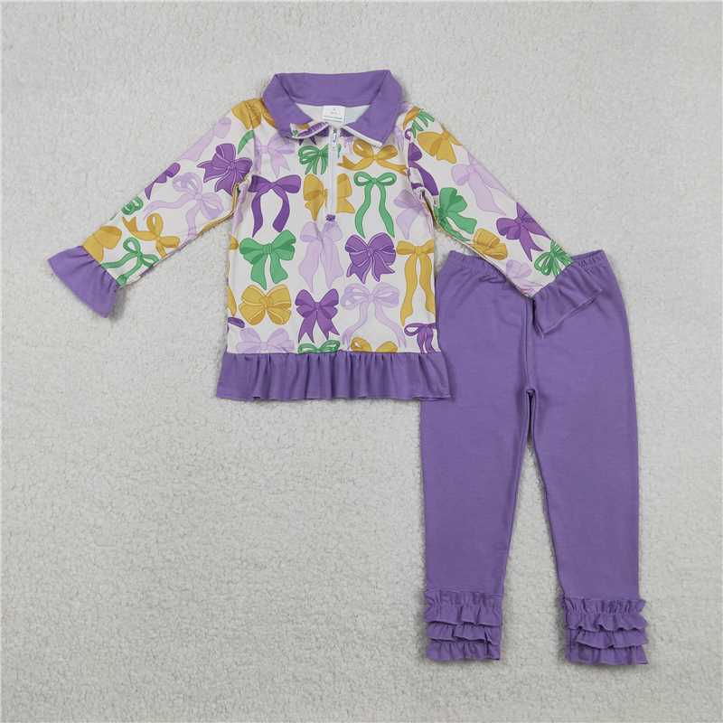 12.18 RTS NO MOQ （In stock）GLP2823 Baby Girls Mardigras Bows Zipper Pullover Ruffle Legging Clothes Sets