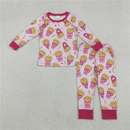 12.5 RTS NO MOQ （In stock）Matching Valentines GLP3065 Baby Girls Pink Hearts Chips Top Pants Valentines Pajamas Sets