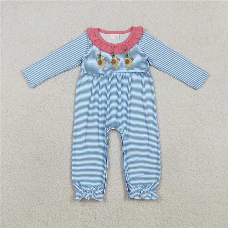 12.8 RTS NO MOQ （In stock）Matching LR2738 Embroidery Ducks Baby Girls Stripe Ruffle Collar Footie Rompers