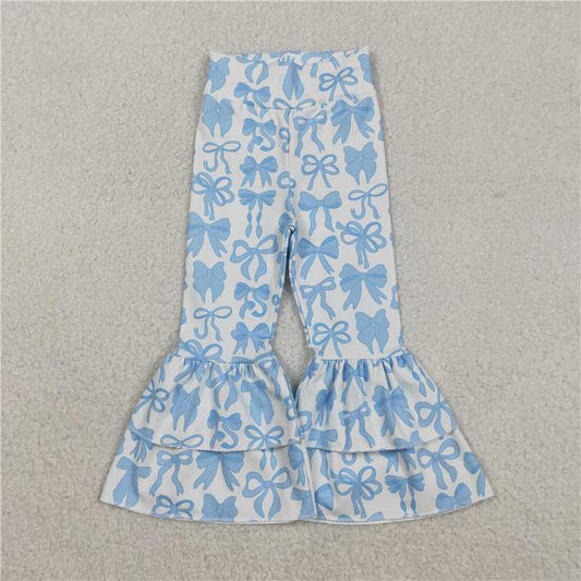12.20 RTS NO MOQ （In stock）Matching P0886 Baby Girls Blue Bows Yoga Active Ruffle Bell Bottom Pants