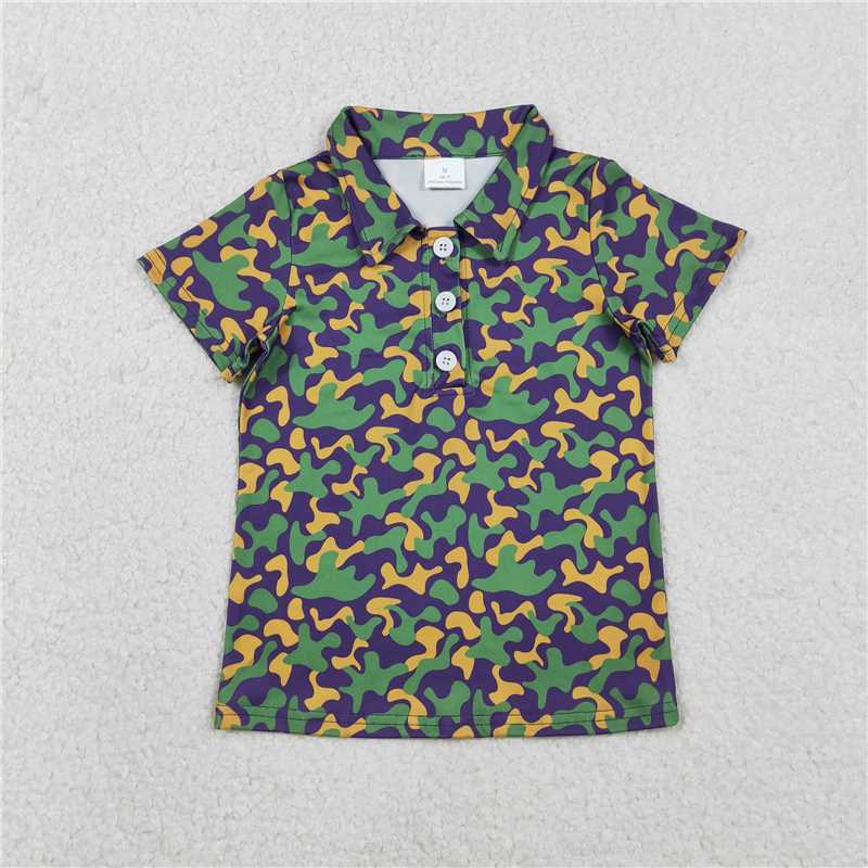 12.19 RTS NO MOQ （In stock）BT1498 Baby Boys Short Sleeve Mardigras Camo Button Polo Shirts Top