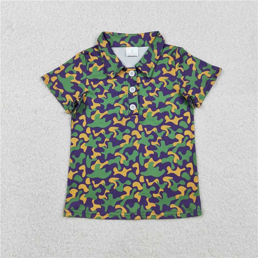 12.19 RTS NO MOQ （In stock）BT1498 Baby Boys Short Sleeve Mardigras Camo Button Polo Shirts Top