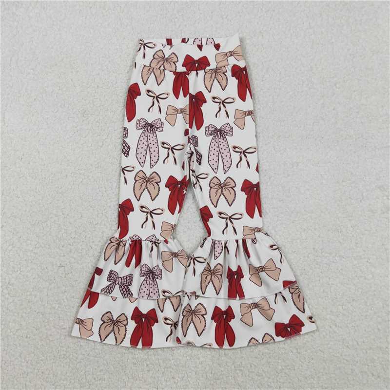 12.20 RTS NO MOQ （In stock）Matching P0885 Baby Girls Red Bows Yoga Active Ruffle Bell Bottom Pants