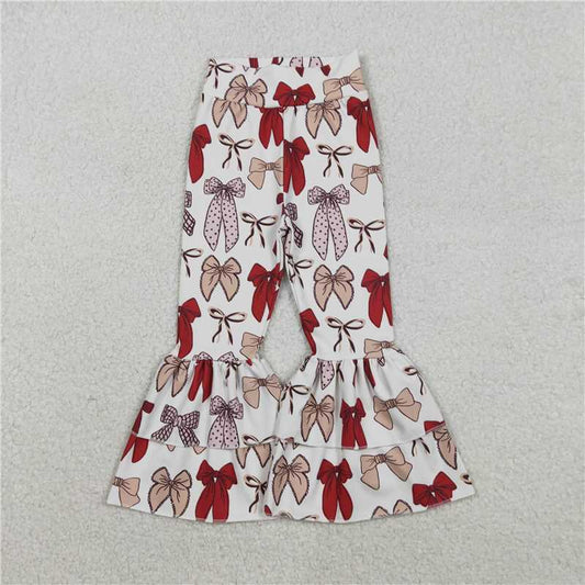 12.20 RTS NO MOQ （In stock）Matching P0885 Baby Girls Red Bows Yoga Active Ruffle Bell Bottom Pants
