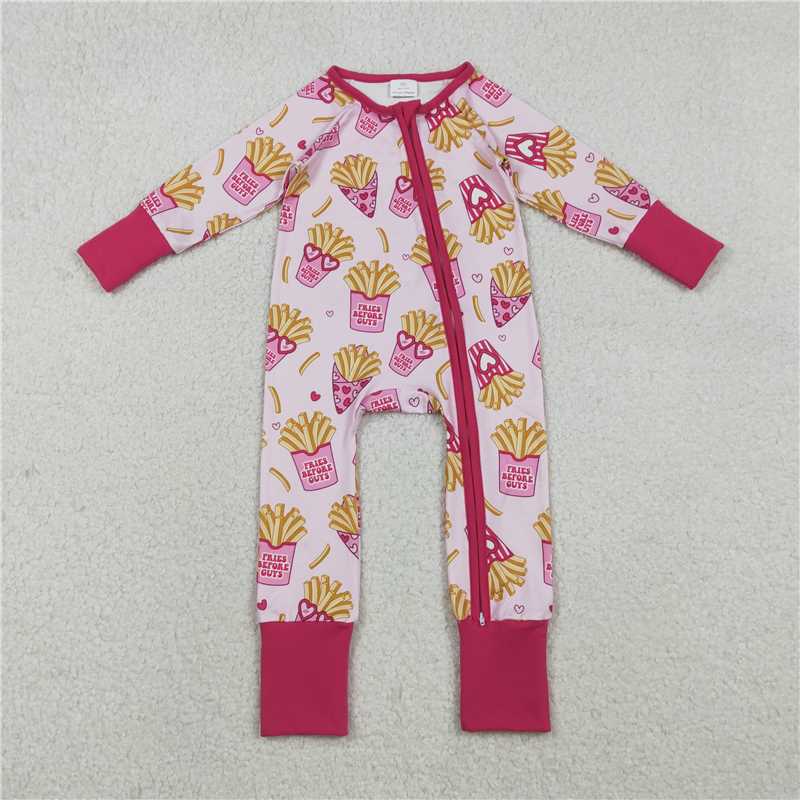 12.5 RTS NO MOQ （In stock）Matching Valentines LR2843 Baby Girls Hearts Chips Valentines Two Way Zip Convertible Rompers