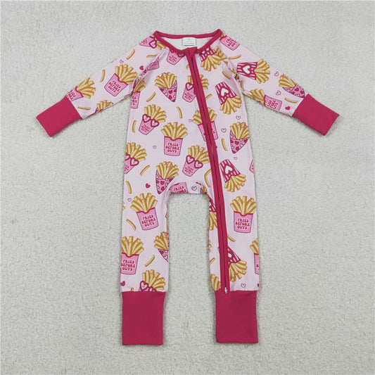 12.5 RTS NO MOQ （In stock）Matching Valentines LR2843 Baby Girls Hearts Chips Valentines Two Way Zip Convertible Rompers