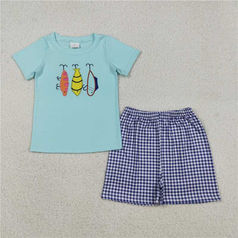 12.26 RTS NO MOQ （In stock）Matching BSSO1628 Embroidery Fishing Baby Boys Top Checked Shorts Hunting Clothes Sets