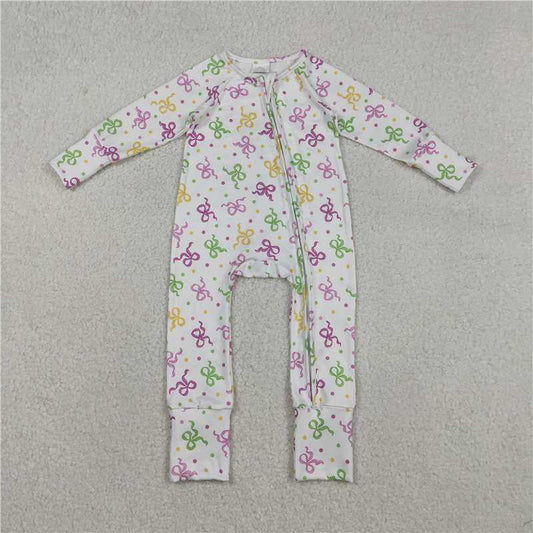 12.18 RTS NO MOQ （In stock）LR2735 Baby Girls Mardigras Bows Polka Dots Two Way Zip Convertible Rompers
