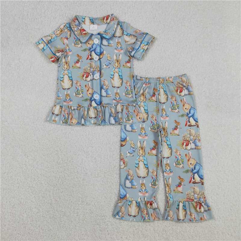 12.23 RTS NO MOQ （In stock）GSPO2097 Baby Girls Carrots Rabbits Button Top Ruffle Pants Easter Pajamas Sets