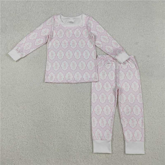 12.24 RTS NO MOQ （In stock）GLP3067 Baby Girls Pink Rabbits Eggs Checked Top Pants Easter Pajamas Sets