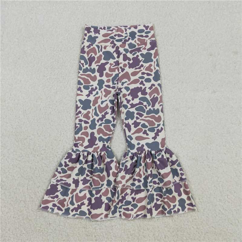 12.20 RTS NO MOQ （In stock）Matching P0891 Baby Girls Lavender Camo Yoga Active Ruffle Bell Bottom Pants