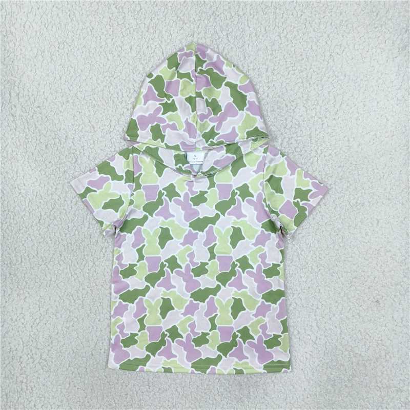 RTS NO MOQ （In stock）milk silk GT1918 Baby Girls Green Rabbits Camo Easter Short Sleeve Hoodies Shirt Top