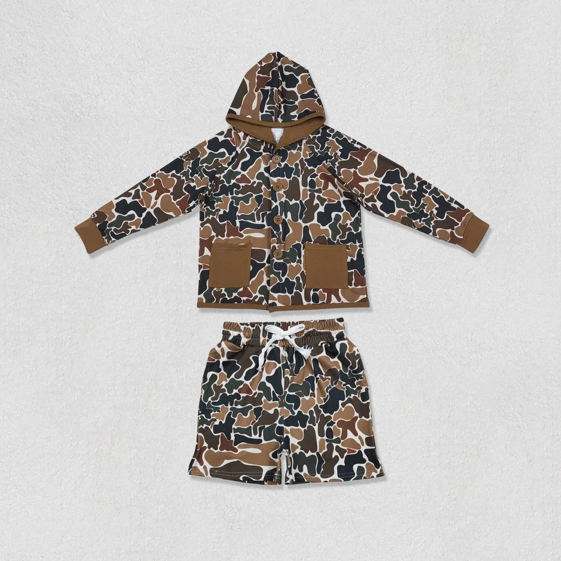 12.17 RTS Sibling Baby Boys Southern Camo Button Pockets Hoodies Shorts Hunting Clothes Sets