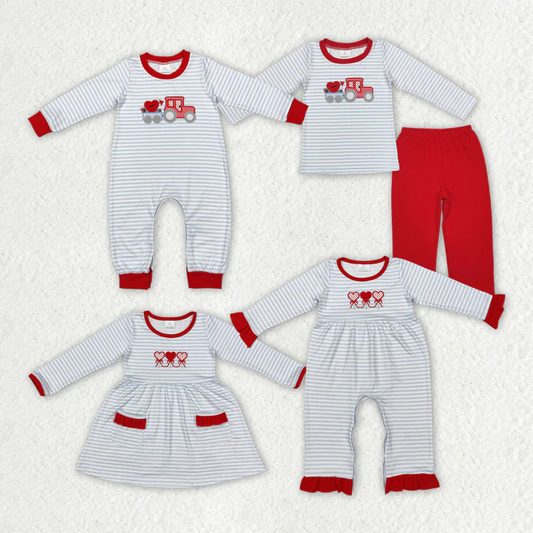 Baby Girls and Boys Embroidered Valentine's Day Hearts Light Blue Striped Mixed Set