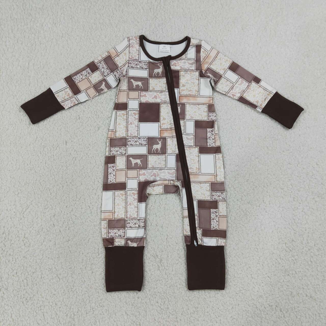 LR3118 RTS NO MOQ （In stock）Baby Boys Wild Ducks Dogs Deer Animal Camo Print Two Way Full Zip Convertible Long Sleeve Romper