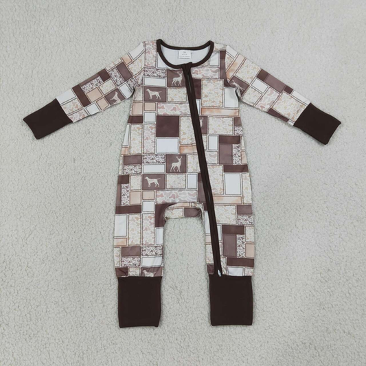 LR3118 RTS NO MOQ （In stock）Baby Boys Wild Ducks Dogs Deer Animal Camo Print Two Way Full Zip Convertible Long Sleeve Romper