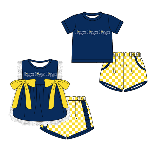 CUSTOM MOQ 5 Cute Comfortable Clothing For Kids Sibling Boys Baby Girls Summer Blue Bow Top Yellow Checked Shorts Team Clothes Sets