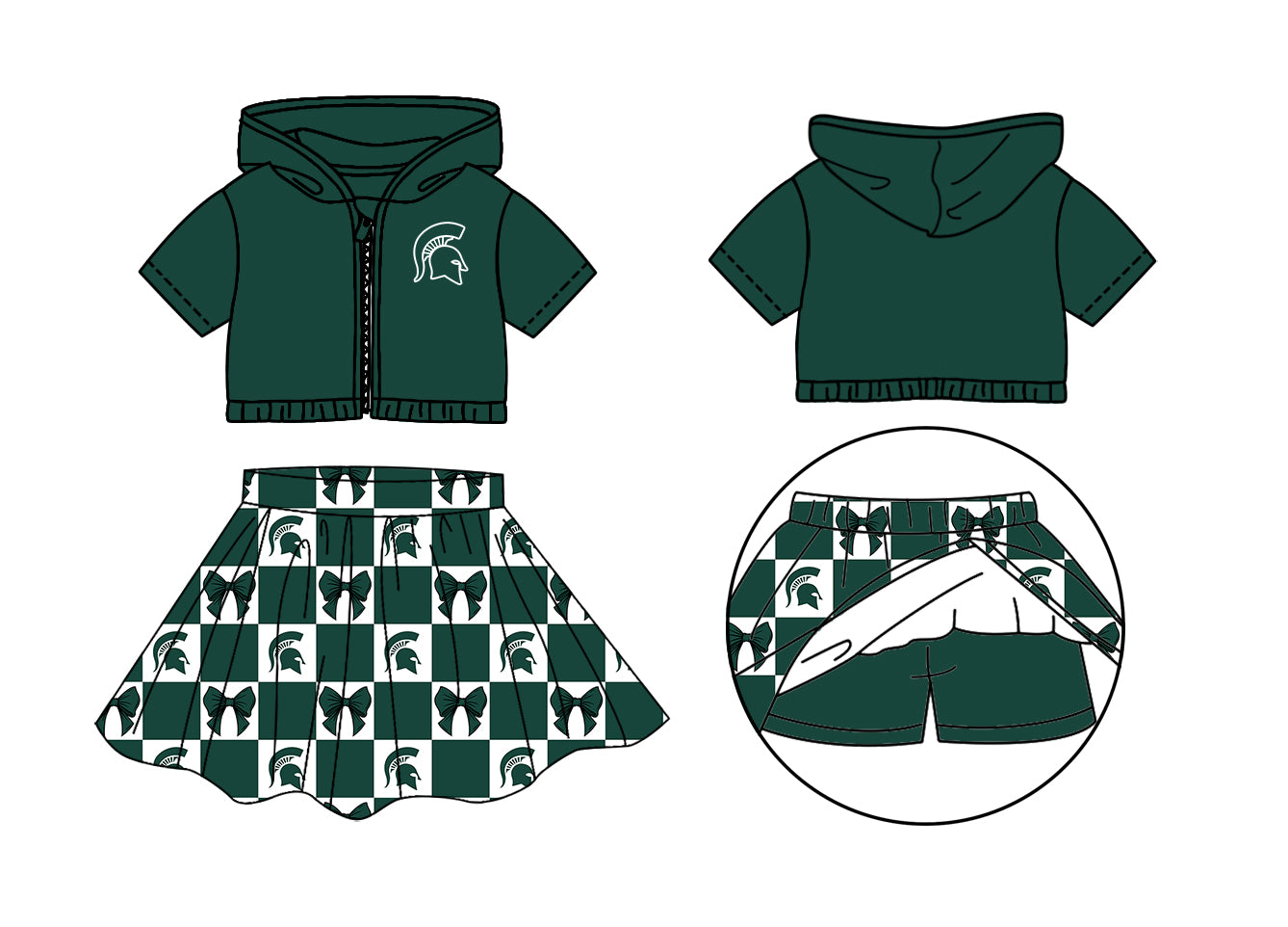 CUSTOM MOQ 5 Sibing Kids Clothing for Girls Baby Girls Green Bow Top Skirts Yoga Active Team Clothes Sets Knee Length Dress Shorts