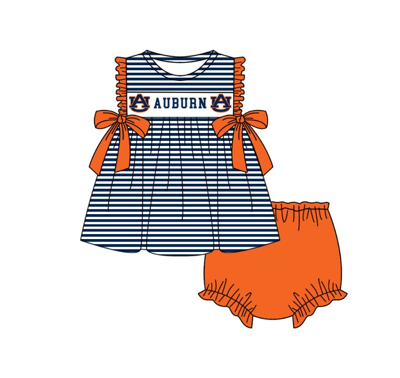 CUSTOM MOQ 5 Sibling Boys Baby Girls Azure Stripe Top Ruffles Shorts Clothes Set Knee Length Dress Rompers