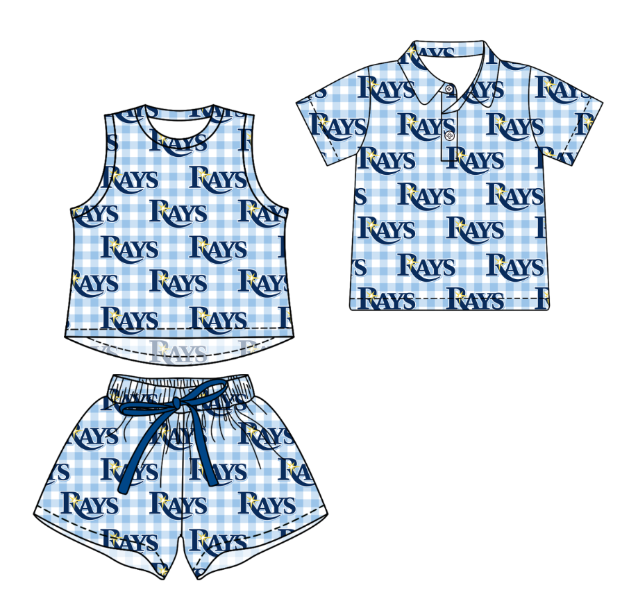 3.14 CUSTOM MOQ 5 Sibling Boys Baby Girls Summer Fashion Blue Check Sleeveless Top Shorts Button Polo Shirts Team Clothes Sets