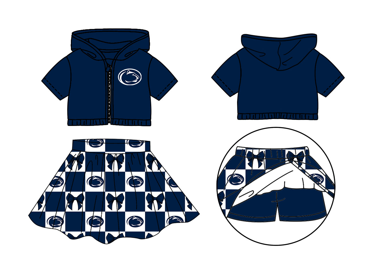 CUSTOM MOQ 5 Sibing Kids Clothing for Girls Baby Girls Blue Bow Top Skirts Yoga Active Team Clothes Sets Knee Length Dress Shorts