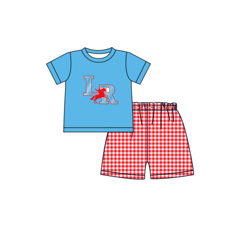 CUSTOM MOQ 5 Sibling Boys Baby Girls Red LR Top Shorts Clothes Set Knee Length Dress Rompers