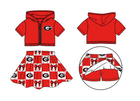 CUSTOM MOQ 5 Kids Clothing for Girls Baby Girls Bright Red Bow Hoodie Top Skirt Team Clothes Sets